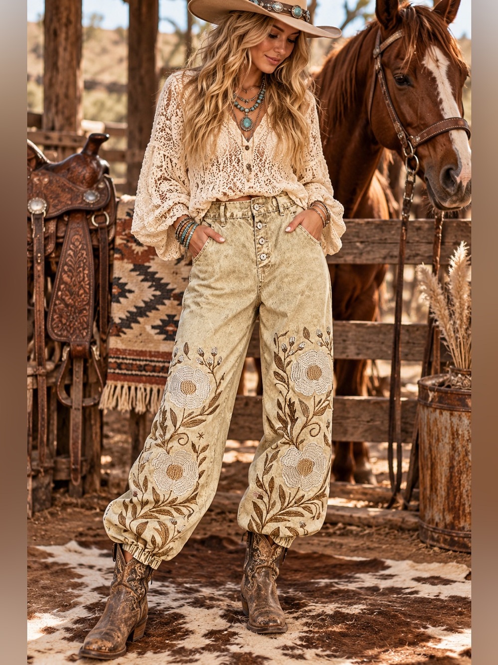 POL beige denim embroidered patchwork bohemian floral pants jeans joggers